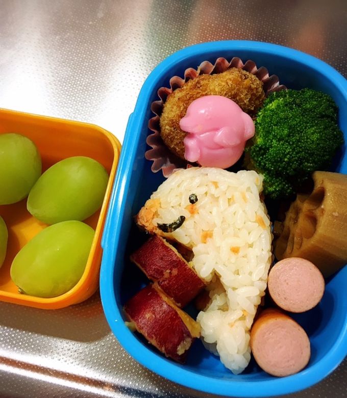 ちょっと作り方を確認したくて、﻿ イルカを作りました🐬 ﻿ 過去に何度か作ったことがあるイルカです🐬 小さな魚と泳いでいます。﻿この小さな魚はふりかけチップです。﻿ 1pic イルカ 2pic お弁当全体 ﻿イルカ弁当イルカ﻿DolphinDelfinDelfín﻿