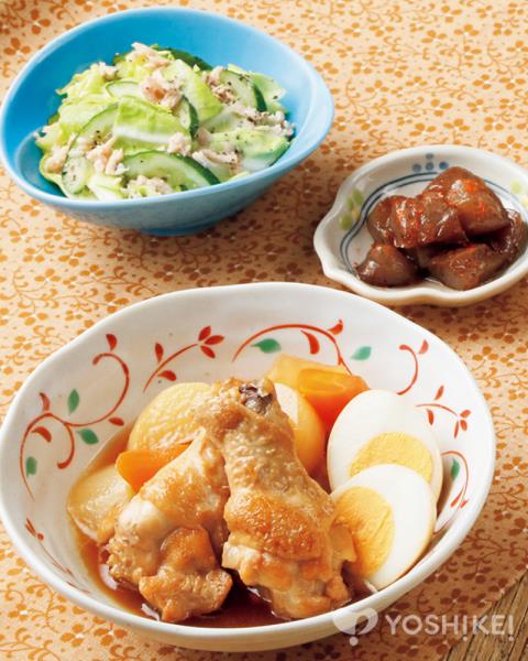 鶏手羽元のさっぱり煮 ハムと白菜のあえもの焼麩とわかめのみそ汁 食材宅配のヨシケイ 夕食ネット レシピ・メニュー・献立付き
